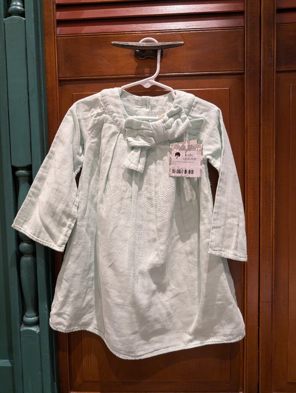 Kate Quinn Long Sleeve Pleated Bow Dress Ice Cap 3T